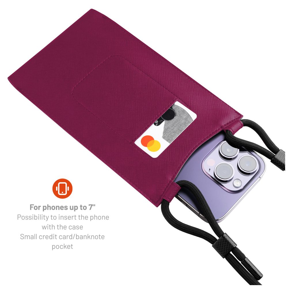 Crossbody taštička přes rameno s kapsičkou FIXED Verona s černou šňůrkou pro mobily do 7" - vínová