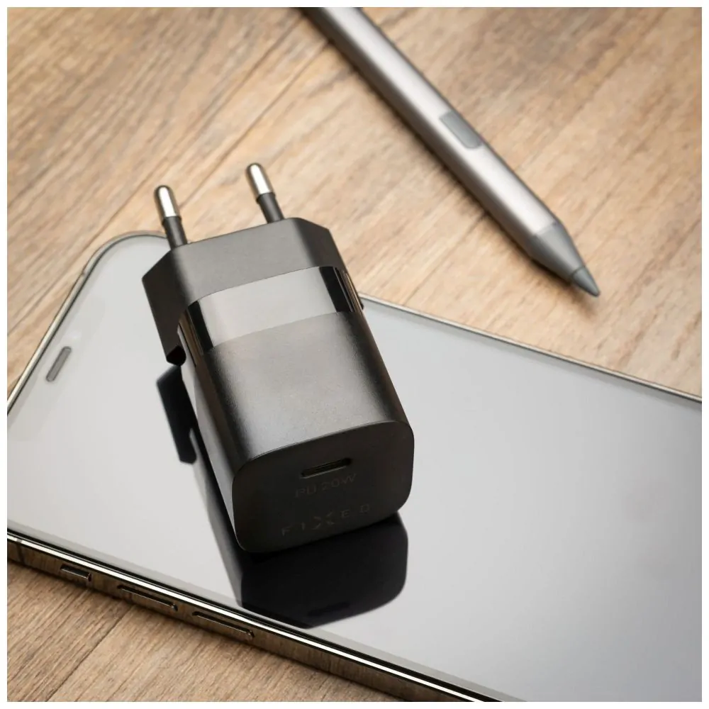 Rozpojitelná nabíječka do sítě FIXED Mini s USB-C výstupem a USB-C/Lightning kabelu, podpora PD, 1 metr, MFI, 20W, černá