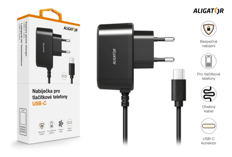 Nabíječka do sítě pro všechny seniorské a tlačítkové telefony ALIGATOR s USB-C konektorem, originální