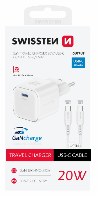 Nabíječka do sítě GaN 1x USB-C 20W POWER DELIVERY , 1,2m - bílá