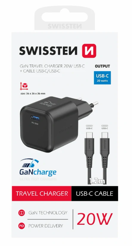 Nabíječka Swissten do sítě GaN 1x USB-C 20W POWER DELIVERY , 1,2m - černá
