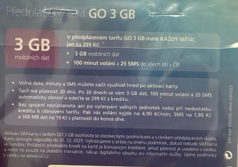 O2 GO SIM karta – 3 GB dat + 100 minut volání s pěkným číslem 720 578 028