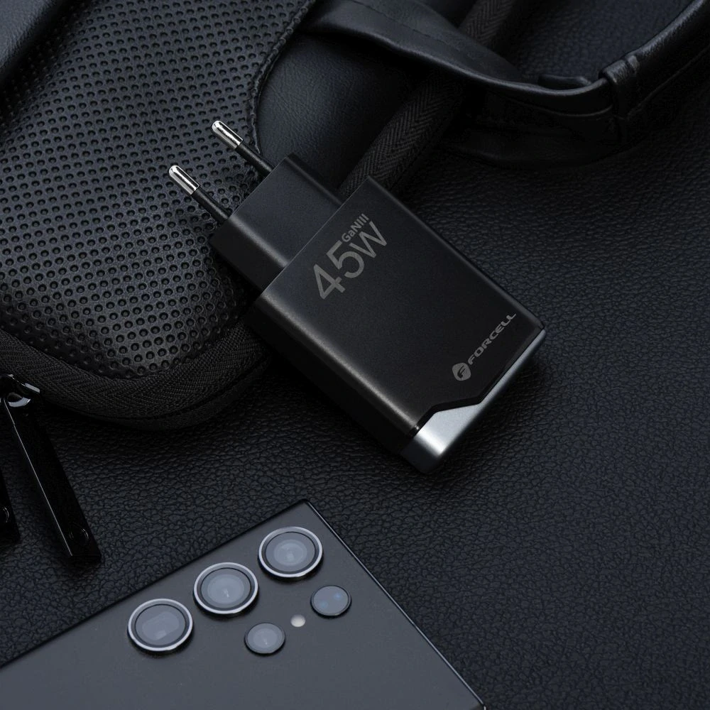 Rychlá nabíječka Forcell F-Energy Ultra Slim GaN III 2×USB-C 45 W – černá