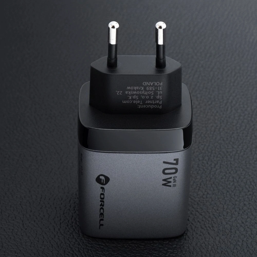 Rychlá nabíječka Forcell F-Energy GaN III 70W 2x USB-C + USB-A - šedá s LCD