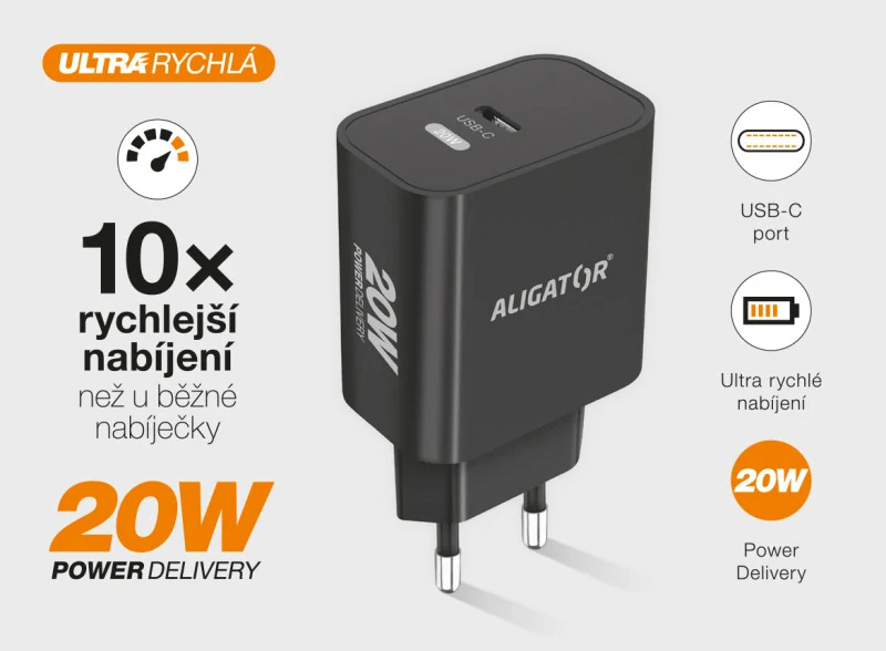 Rychlá nabíječka USB-C ALIGATOR PD 20W černá (bez kabelu)