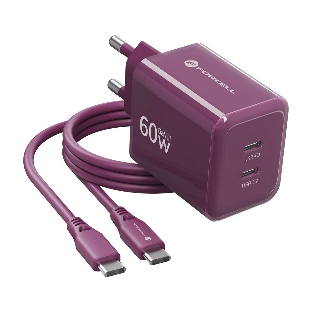 Nabíječka GaN 60W 2x USB-C Forcell F-Energy VT-60 + kabel USB-C, vínová