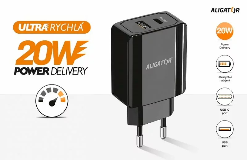 Chytrá nabíječka do sítě ALIGATOR Power Delivery 20W - USB-C + USB výstup, bez kabelu (lze použít i pro iPhone 12)