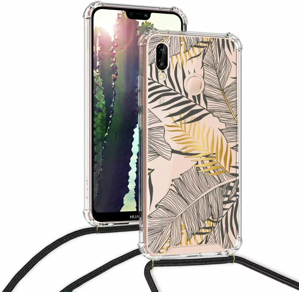 Pevné silikonové pouzdro kwmobile Crossbody na mobil Huawei P20 Lite s popruhem - palm leaves