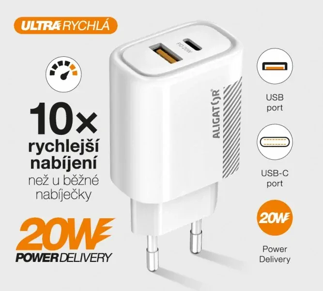 Chytrá nabíječka do sítě ALIGATOR Power Delivery 20W - USB-C + USB výstup, bez kabelu (lze použít i pro iPhone 12, 13, 14) bílá