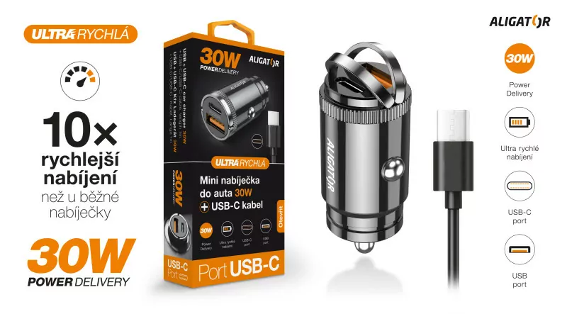 Rychlá autonabíječka ALIGATOR s odnímatelným kabelem, CL ALIGATOR PD30W USB,USB-C / USB-C kabel pro telefony ( i Apple iPhone 15)
