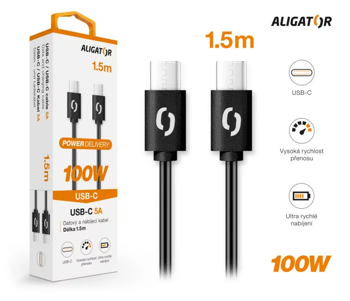 Datový kabel ALIGATOR POWER 100W, USB-C / USB-C 5A, 1,5m - černý