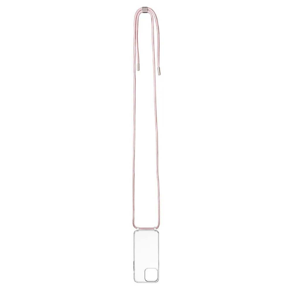 Pevné silikonové pouzdro FIXED Pure Neck Crossbody na mobil Apple iPhone 15 Pro s popruhem přes rameno - čiré - růžová šňůrka
