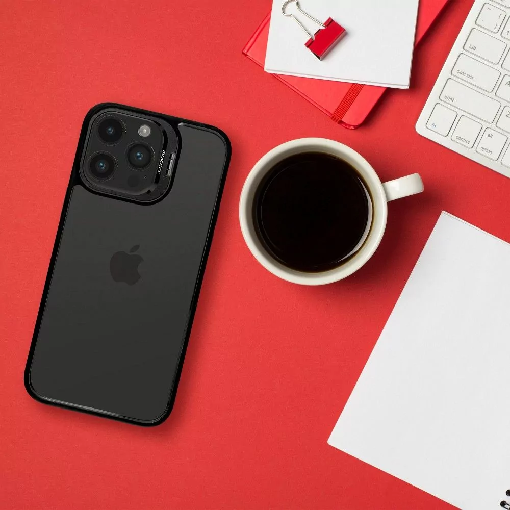Ochranné pouzdro BRACKET na mobil Apple iPhone 15 Pro Černé se stojánkem a krytkami fotoaparátu