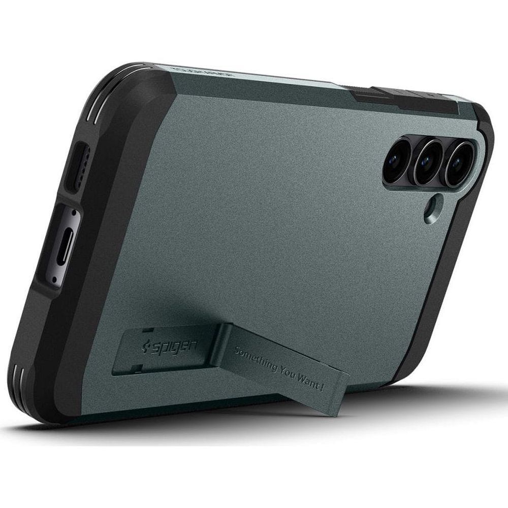 Odolné silikonové pouzdro SPIGEN Tough Armor na mobil Samsung Galaxy S23 FE tmavě zelené se stojánkem