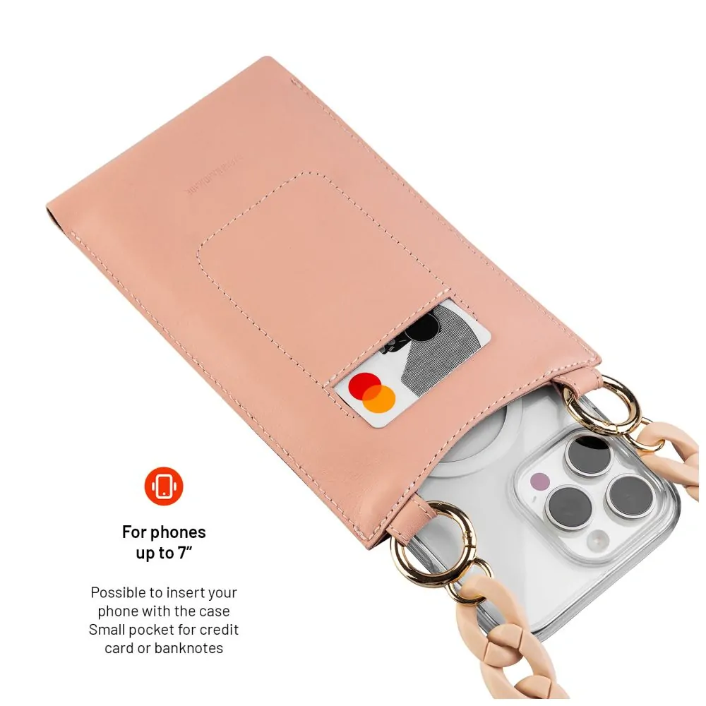 Crossbody kožená taštička přes rameno s kapsičkou FIXED Venezia s černým řetízkem pro mobily do 7" - pudrově růžová