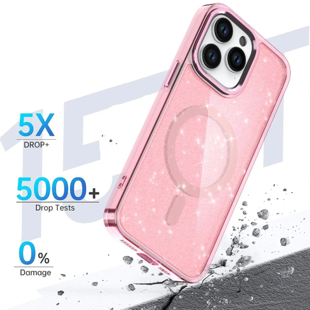 Třpytkové pouzdro Glitter Case s MagSafe - Apple iPhone 16 Pro - průhledné / růžové