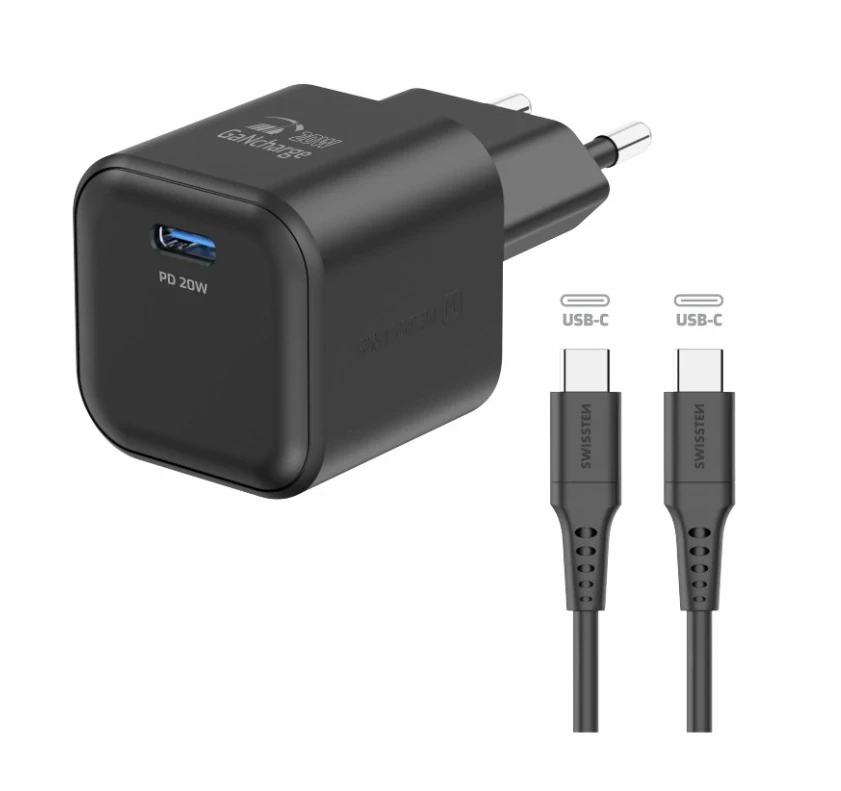 Nabíječka Swissten do sítě GaN 1x USB-C 20W POWER DELIVERY , 1,2m - černá
