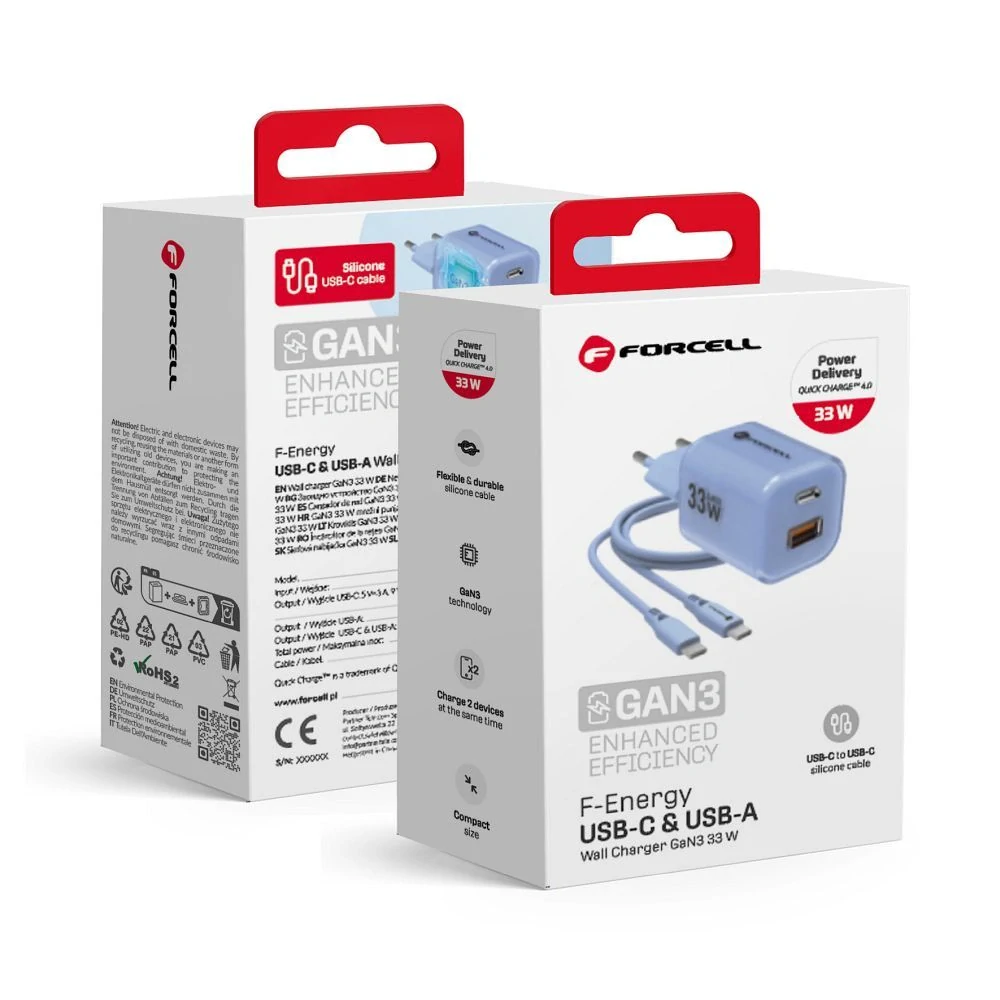 Nabíječka Forcell GaN III 33W + USB-C kabel - modrá