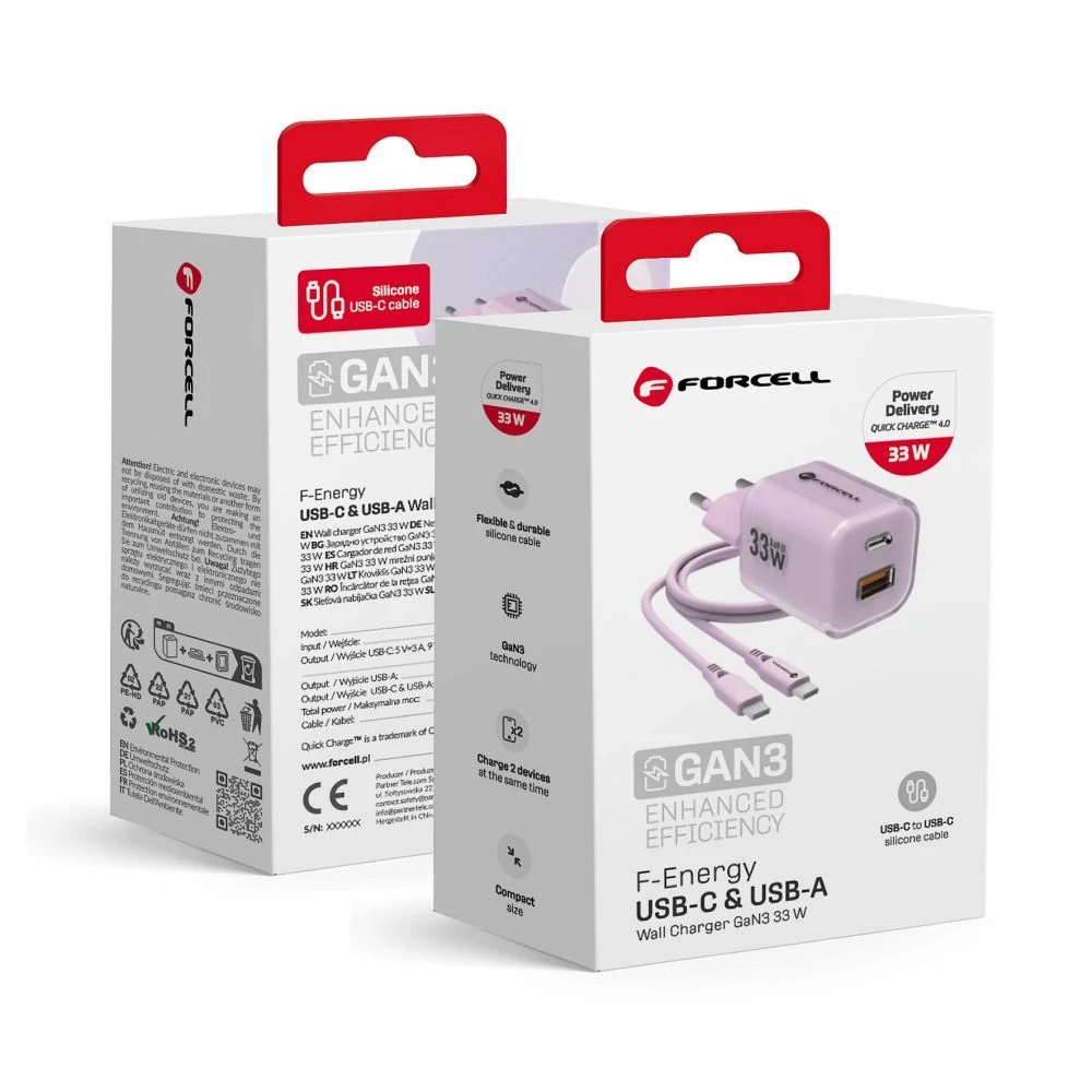 Nabíječka Forcell GaN III 33W + USB-C kabel - fialová