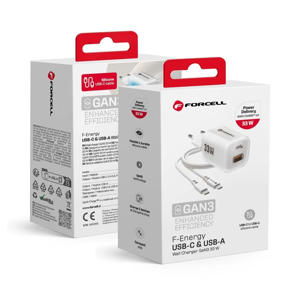 Nabíječka Forcell GaN III 33W + USB-C kabel - bílá