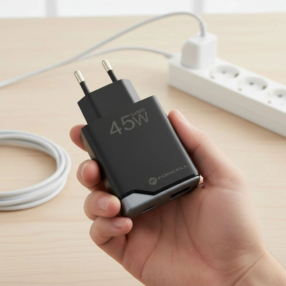 Rychlá nabíječka Forcell F-Energy Ultra Slim GaN III 2×USB-C 45 W – černá