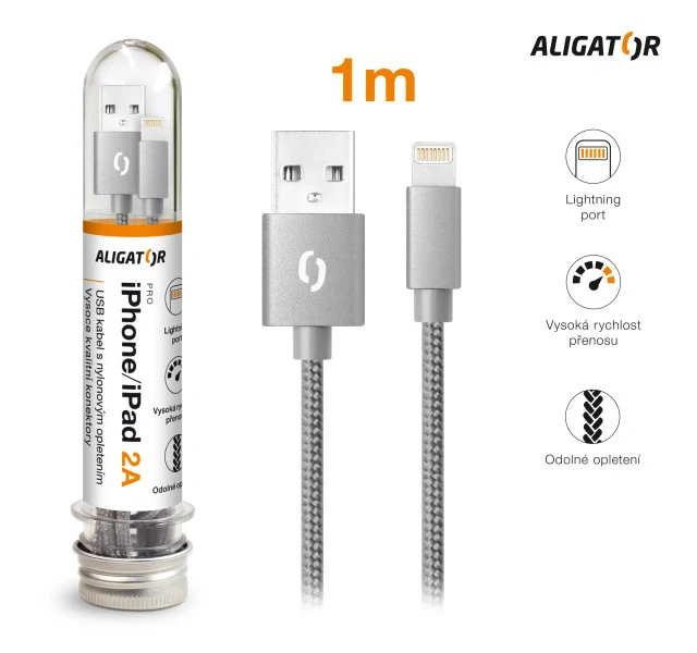 Datový kabel ALIGATOR TUBA 2A – iPhone lightning šedý