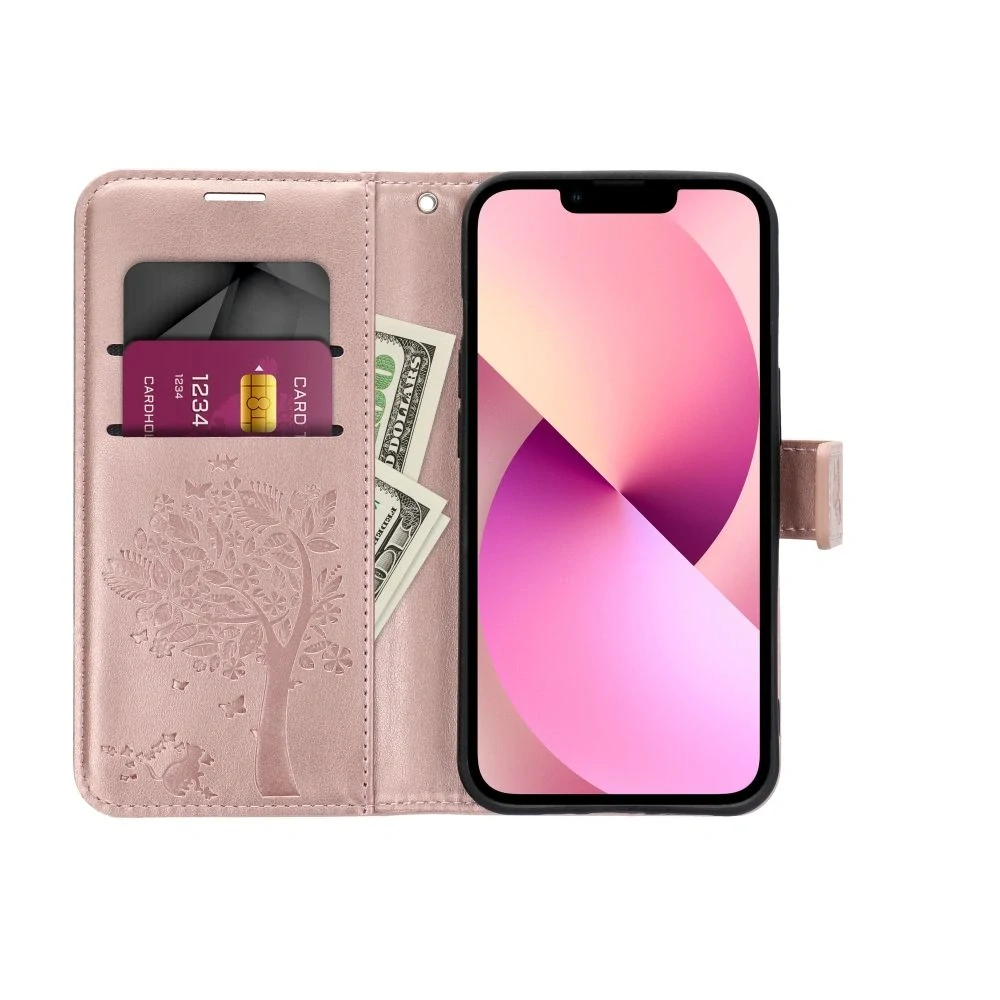 Flip pouzdro na mobil iPhone 13 MEZZO Book růžový strom
