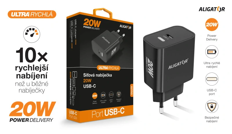 Rychlá nabíječka USB-C ALIGATOR PD 20W černá (bez kabelu)