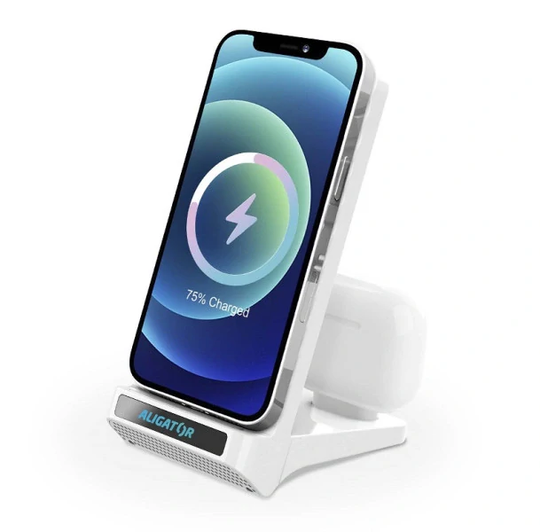 Bezdrátový QI stojánek Aligator 15W 2v1 USB-C bílý