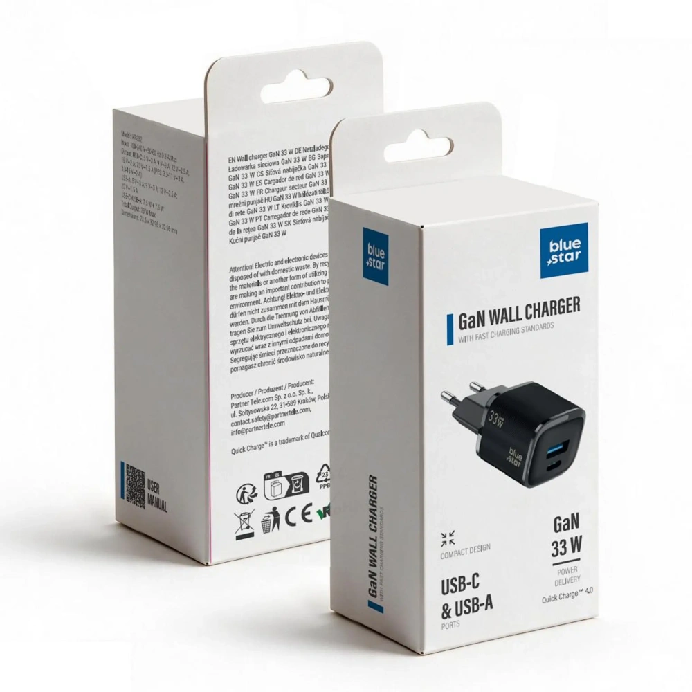 Nabíječka Blue Star Nano GaN 33W USB-C + USB-A PD QC4.0 černá