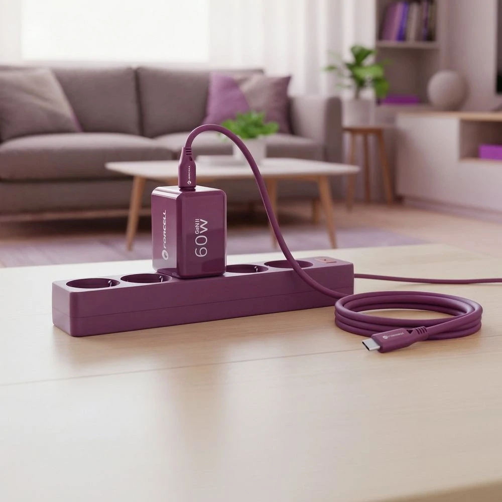 Nabíječka GaN 60W 2x USB-C Forcell F-Energy VT-60 + kabel USB-C, vínová