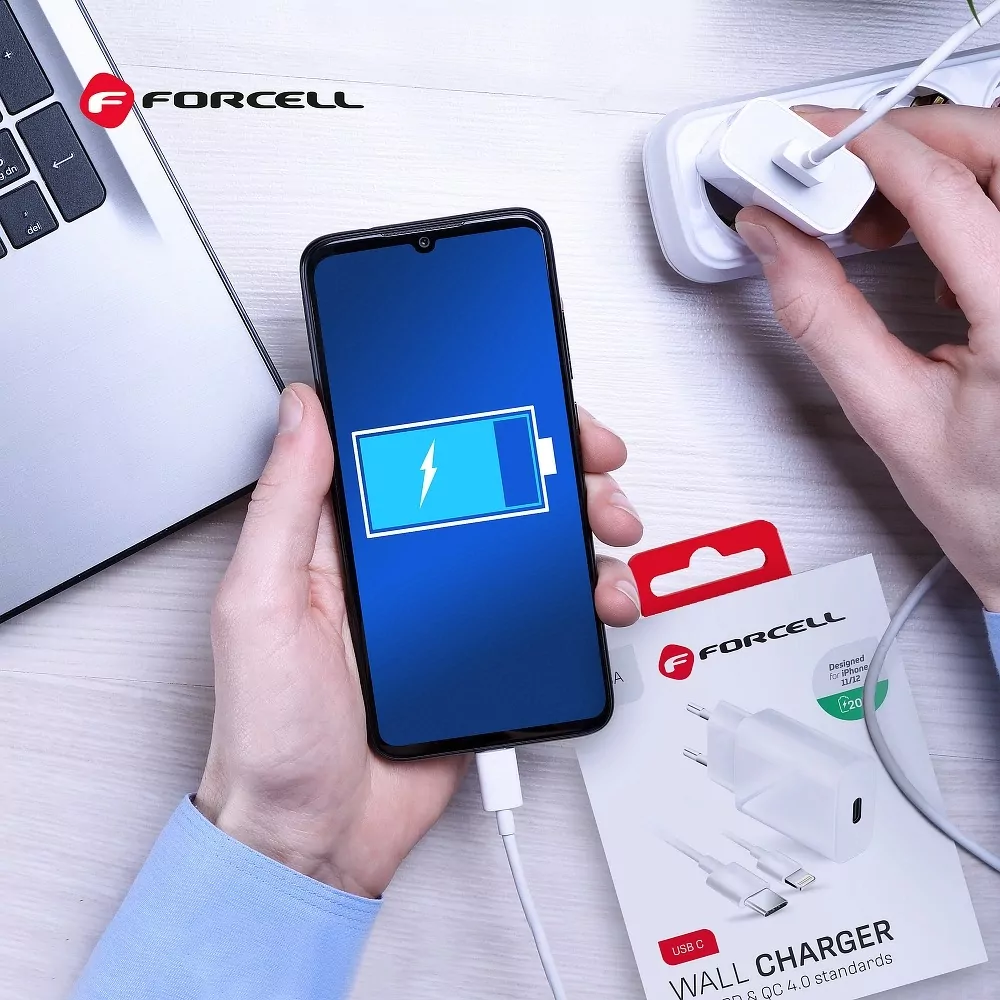 Rozpojitelná rychlá nabíječka do sítě FORCELL s konektorem Apple Lightning 3A 20W QC 4.0 pro iPhone 12