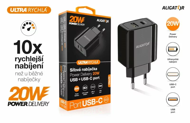 Chytrá nabíječka do sítě ALIGATOR Power Delivery 20W - USB-C + USB výstup, bez kabelu (lze použít i pro iPhone 12)