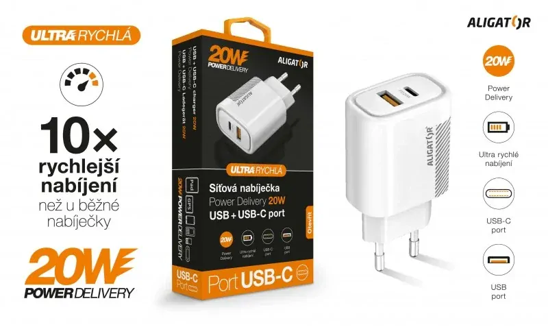 Chytrá nabíječka do sítě ALIGATOR Power Delivery 20W - USB-C + USB výstup, bez kabelu (lze použít i pro iPhone 12, 13, 14) bílá