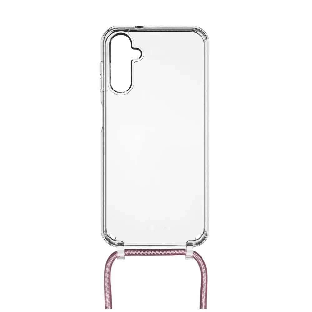 Pevné silikonové pouzdro FIXED Pure Neck Crossbody na mobil Samsung Galaxy A14 5G / LTE s popruhem přes rameno - čiré - růžová šňůrka