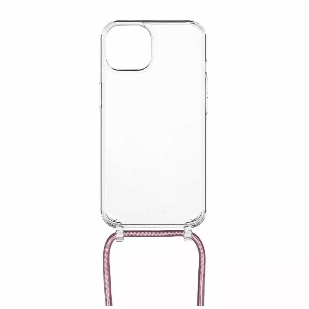 Pevné silikonové pouzdro FIXED Pure Neck Crossbody na mobil Apple iPhone 15 Plus s popruhem přes rameno - čiré - růžová šňůrka