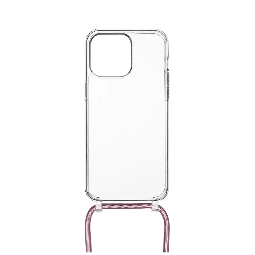 Pevné silikonové pouzdro FIXED Pure Neck Crossbody na mobil Apple iPhone 15 Pro s popruhem přes rameno - čiré - růžová šňůrka