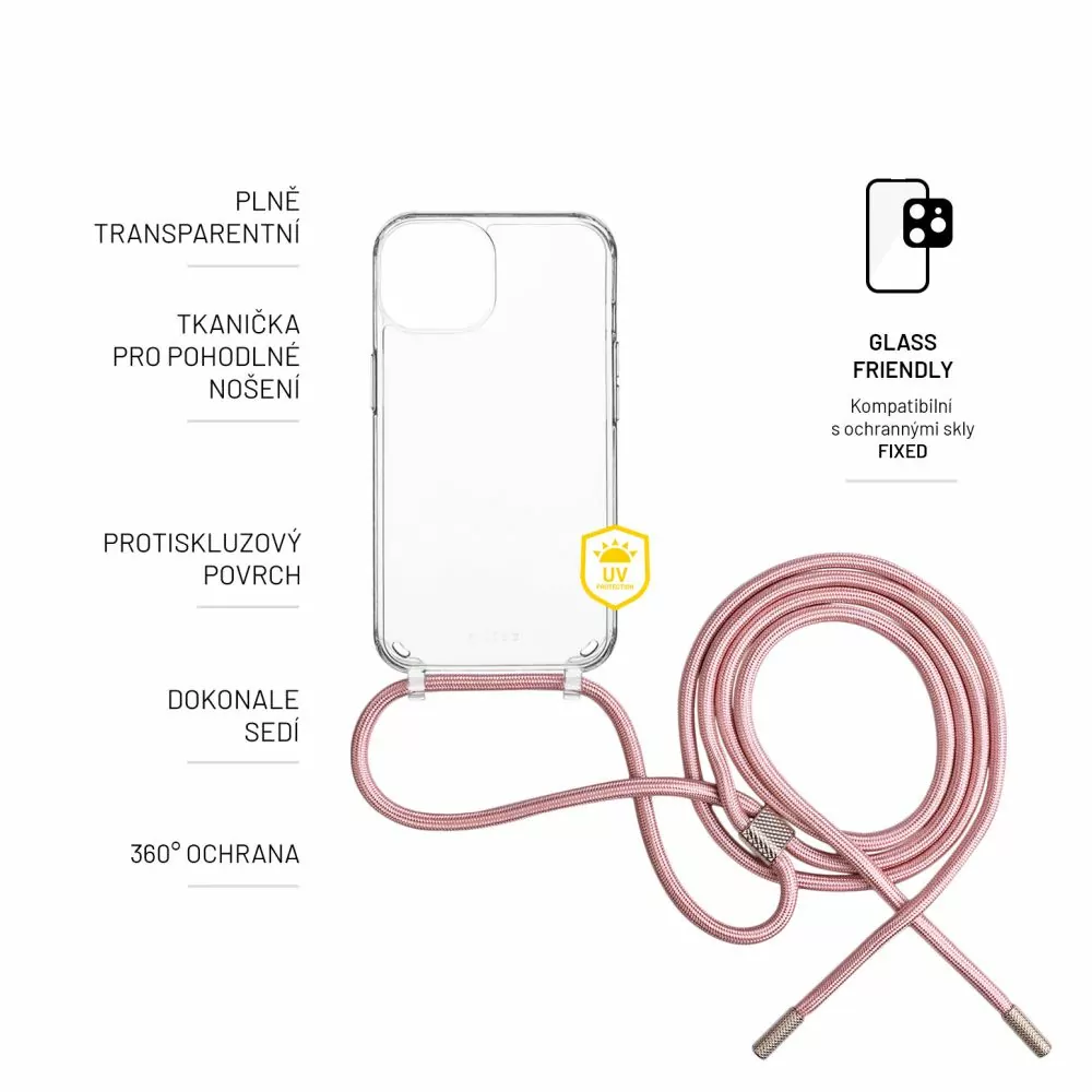 Pevné silikonové pouzdro FIXED Pure Neck Crossbody na mobil Samsung Galaxy S24 Plus s popruhem přes rameno - čiré - růžová šňůrka
