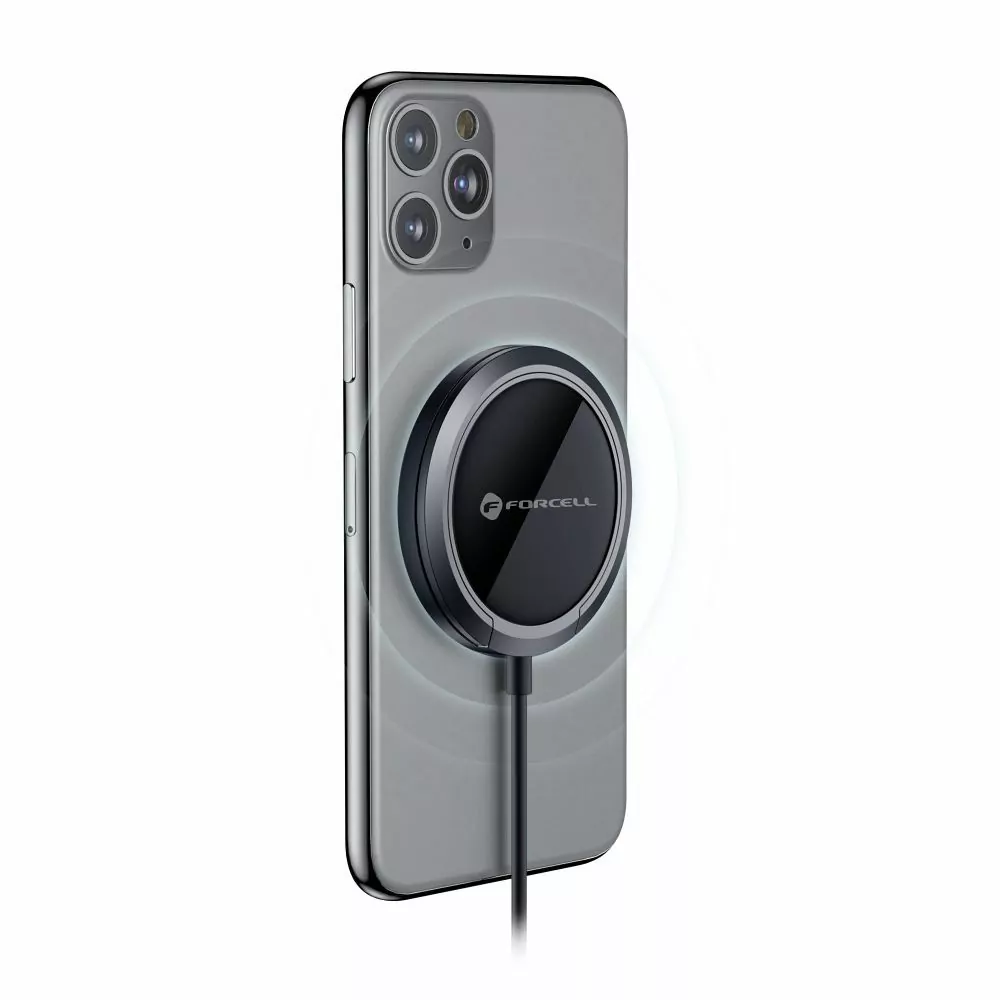 Bezdrátová indukční nabíječka - podložka FORCELL F-ENERGY PowerPod s kroužkem/stojánkem, kompatibilní s MagSafe, černá