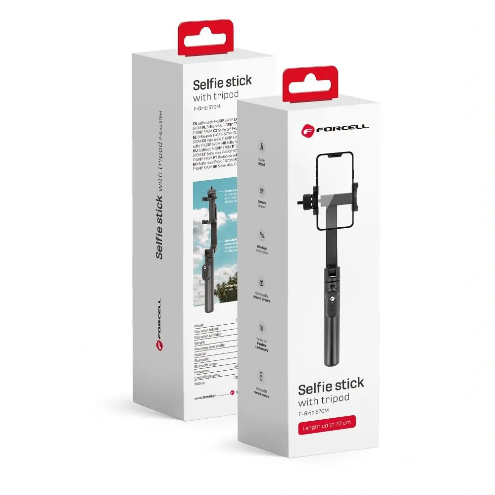 Selfie tyč s Bluetooth ovladáním FORCELL F-GRIP S70M, použití jako stativ, délka 30 - 70 cm