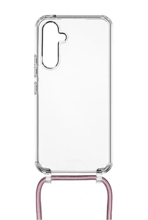 Crossbody pouzdro FIXED Pure Neck - Samsung Galaxy A35 5G s popruhem přes rameno - čiré - růžová šňůrka