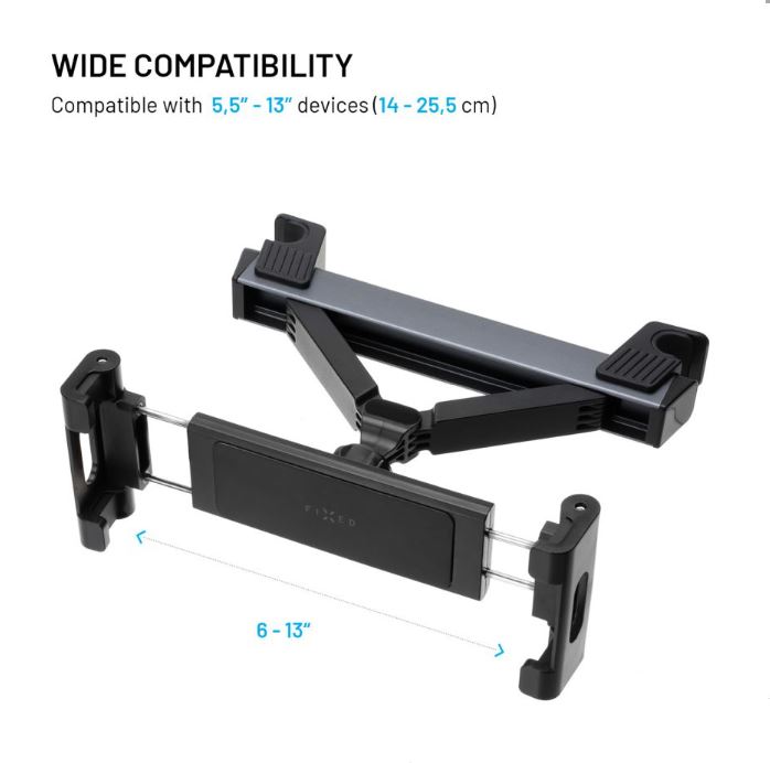 Držák do auta pro velké tablety FIXED Tab Passenger Max s uchycením do opěrky hlavy a posuvným ramenem, šedý