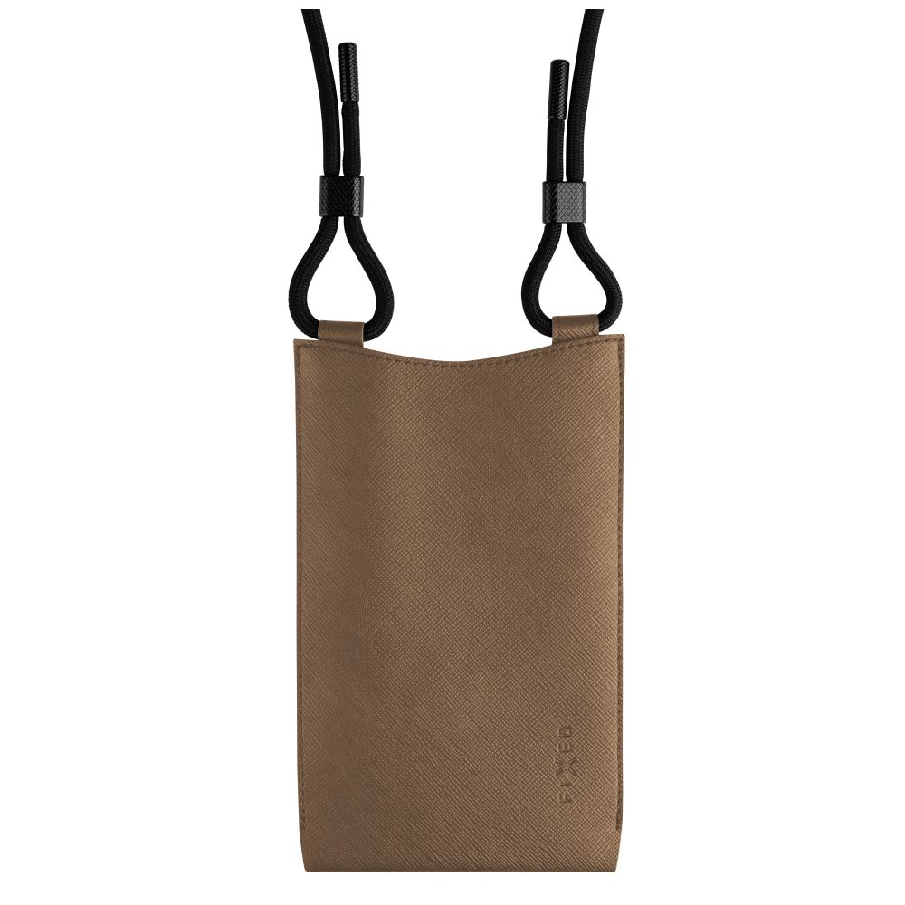 Crossbody taštička přes rameno s kapsičkou FIXED Verona s černou šňůrkou pro mobily do 7" - kávová