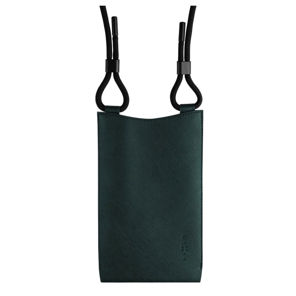 Crossbody taštička přes rameno s kapsičkou FIXED Verona s černou šňůrkou pro mobily do 7" - tmavě zelená
