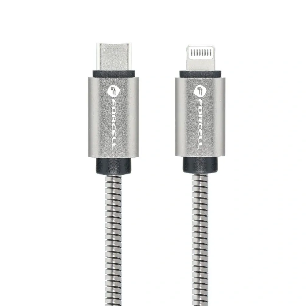Datový kabel FORCELL F-Energy s konektorem Lightning - USB-C QC3.0 PD 27W, 1m, stříbrný