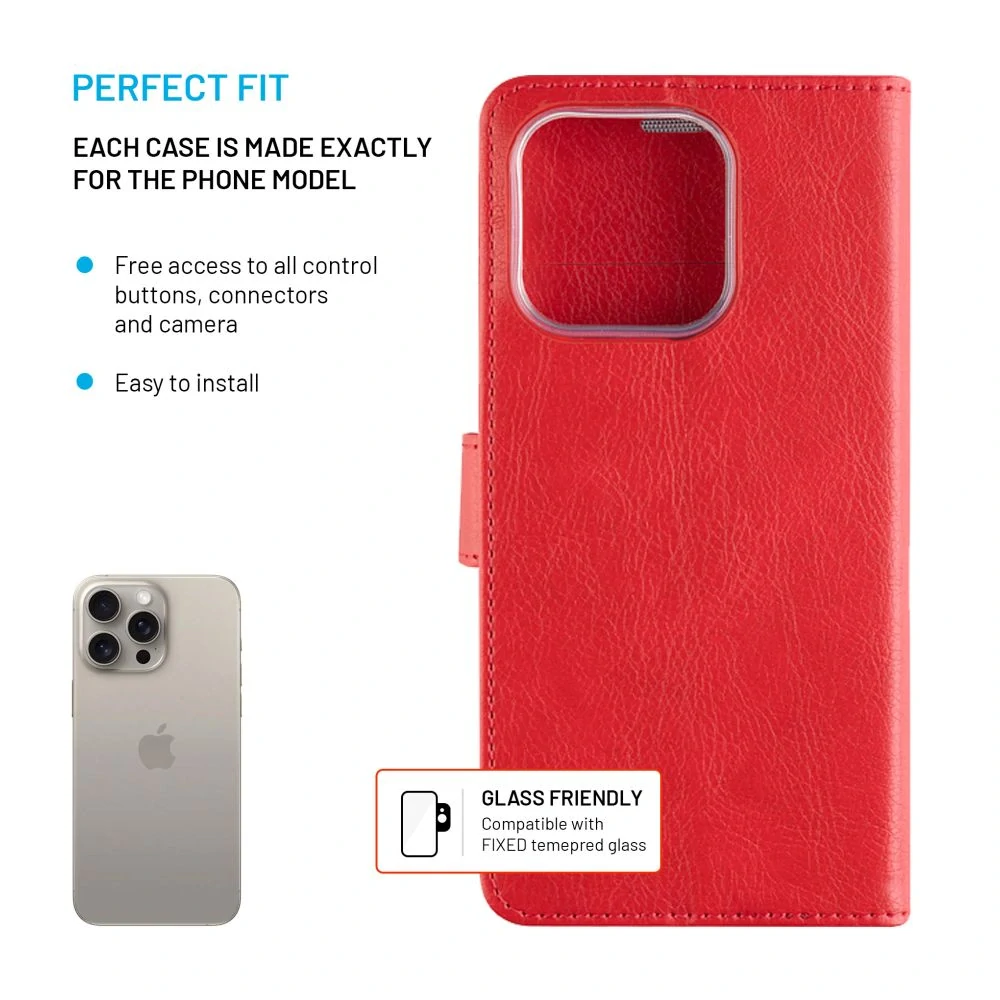Knížkové flip pouzdro Fixed Opus - Apple iPhone 16 Pro, červené