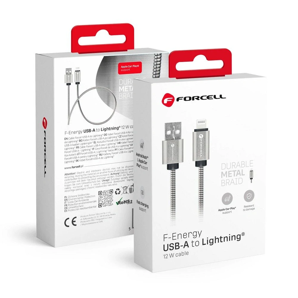 Datový kabel FORCELL F-ENERGY Metal C236 USB-A na Lightning 1m – stříbrný