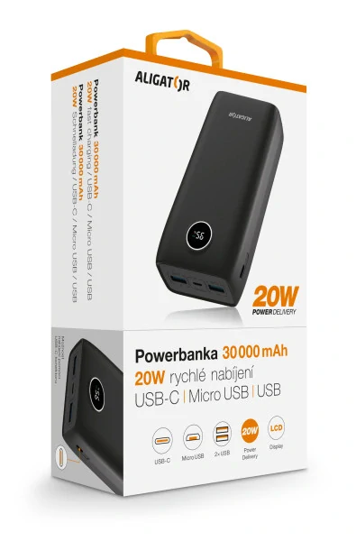 Powerbanka ALIGATOR 30 000 mAh, 20W PD, černá