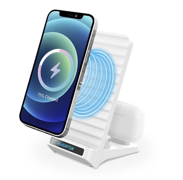 Bezdrátový QI stojánek Aligator 15W 2v1 USB-C bílý