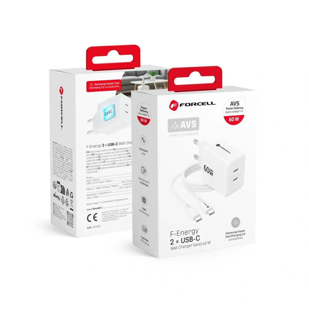 Rychlá nabíječka Forcell F-Energy GaN III 60W 2× USB-C + kabel bílá